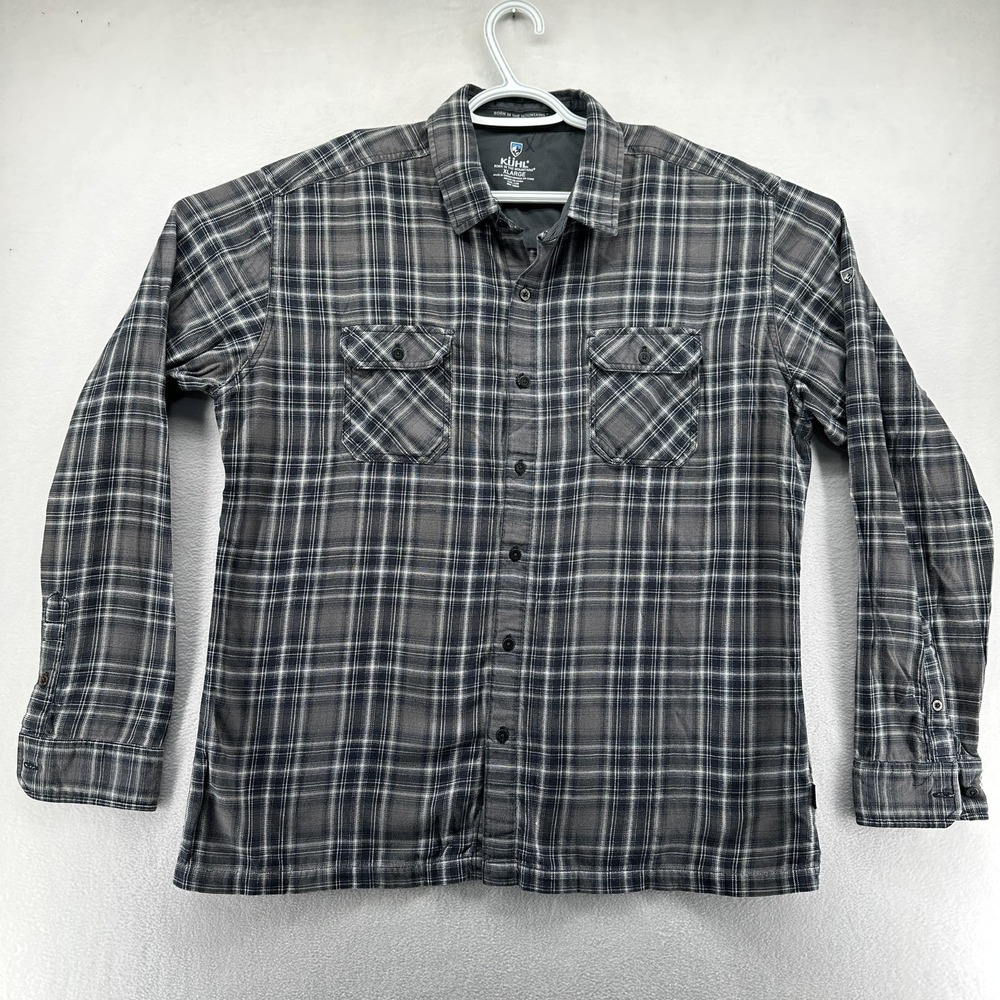Kuhl Flannel Shirt Mens XL Gray Plaid Button Front Cotton Tencel Outdoor Casual